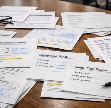 Printed inbox placement reports on an office table