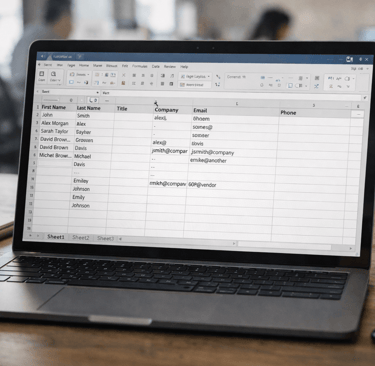 Incomplete B2B lead data in a CSV spreadsheet on a laptop