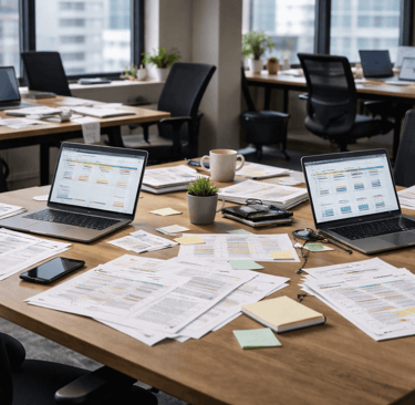 Messy office desks showing operational drag from inconsistent metadata