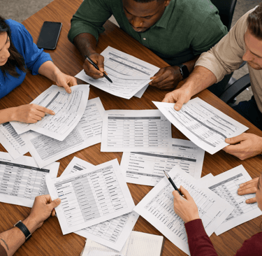 SDR team reviewing printed leads with inconsistent metadata fields