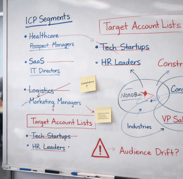 Whiteboard showing conflicting ICP segments in an office