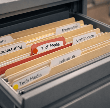 Industry folders with colored risk markers in filing cabinet