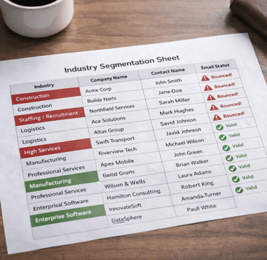 Industry segmentation sheet highlighting high email bounce rates