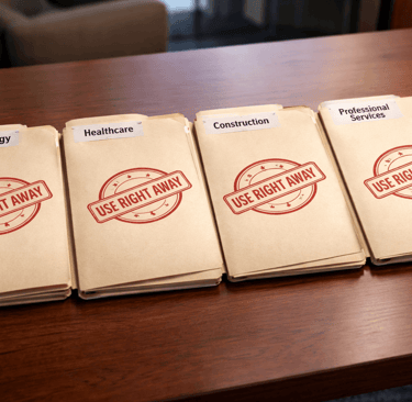 Industry-labeled folders stamped “use right away” on an office table