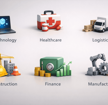 3D icons representing data reliability across B2B industry segments