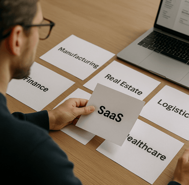 Founder choosing industry-labeled papers on a desk.