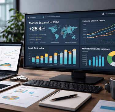 Market growth and lead cost analytics dashboard on office monitor