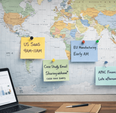 world map with sticky notes showing outreach timing by region