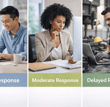 Three-panel image showing fast, moderate, and slow reply speeds across industries