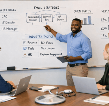 team discussing industry role email behavior on whiteboard