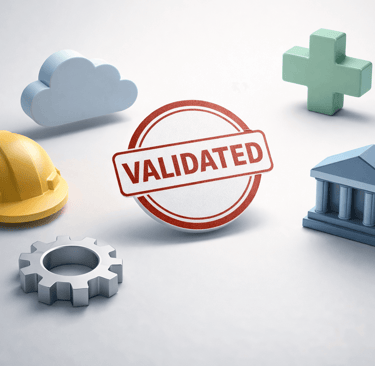 3D industry icons with a central validation stamp