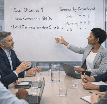 Team discussing industry turnover and lead freshness