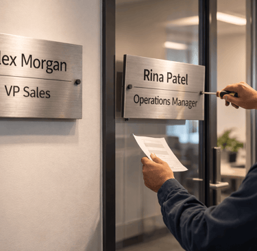 Office nameplate being replaced to show role turnover