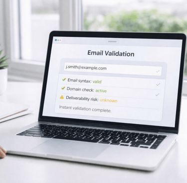 instant email validation tool on laptop showing deliverability risk
