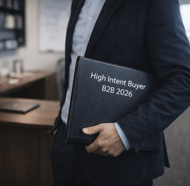 Founder holding binder labeled High Intent Buyer B2B 2026 in office.