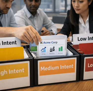 Team sorting company cards into binders labeled high, medium, and low intent