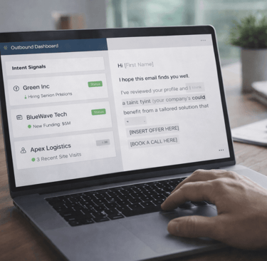 Outbound dashboard showing intent signals and draft email