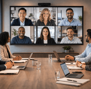 Global boardroom team in video meeting with international executives on screen
