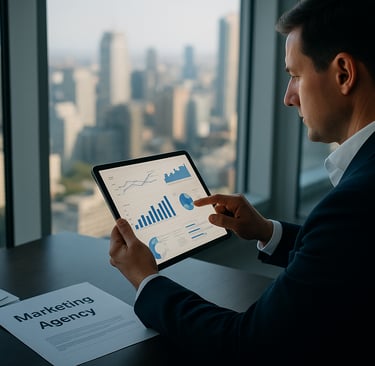 Investor analyzing data dashboards showing rise of data aggregators over agencies