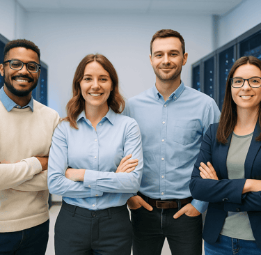 IT team standing together in a bright modern server room.