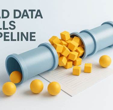 3D pipeline jammed with bad data cubes and text saying Bad Data Kills Sales Pipeline.