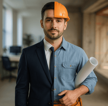 Person split between office suit and architect gear to show a job change transition