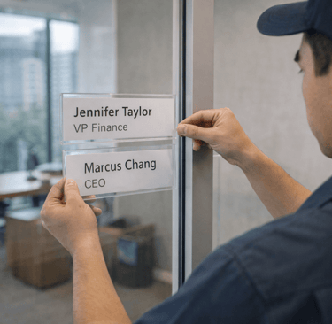 Staff replacing name and role label on a glass office door