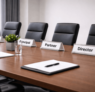 Meeting room with nameplates showing different job seniority