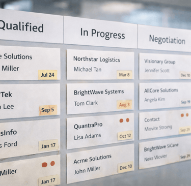 Sales pipeline kanban board with aging deal cards