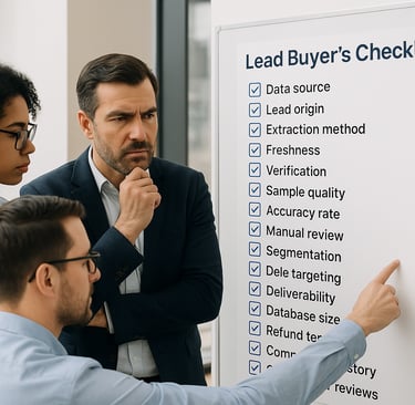 Team reviewing a lead buyer’s checklist on a board before purchasing B2B leads