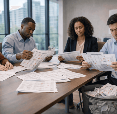 SDR team reviewing outdated B2B lead lists and discarding unusable pages