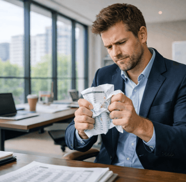 Founder reviewing and crumpling an outdated B2B lead list in a modern office