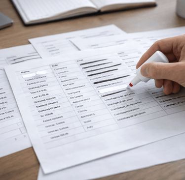 Founder reviewing a B2B lead list and crossing out failed contacts