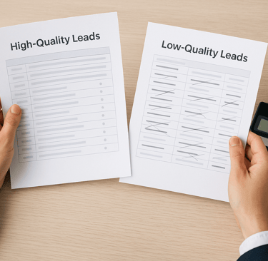 Founder reviewing lead sheets with a calculator.