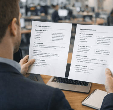 Founder comparing company lead quality profiles at desk