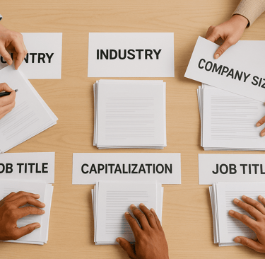 Team sorting lead data into labeled piles for industry, country, capitalization, and job title.