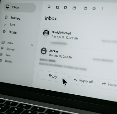 Close-up of an email dashboard with a reply button being clicked on a laptop screen