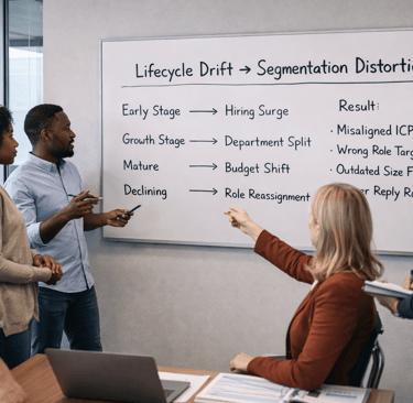 Diverse SDR team reviewing lifecycle drift segmentation on whiteboard