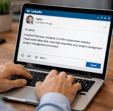 LinkedIn outreach message being typed on laptop