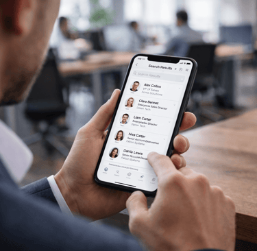 Founder reviewing professional profile search results on a smartphone