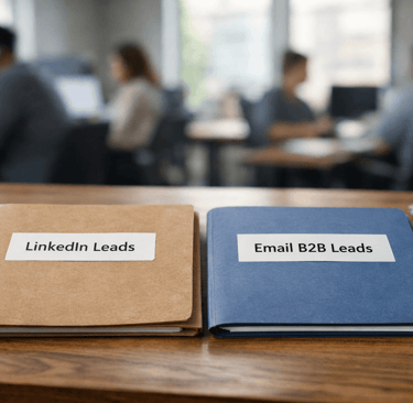 LinkedIn and email B2B lead folders on a founder’s desk in a modern office