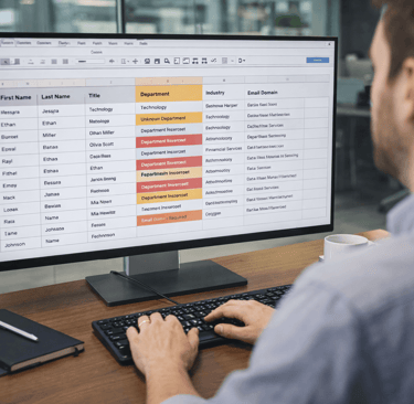 Analyst reviewing metadata fields for LLM data validation on monitor