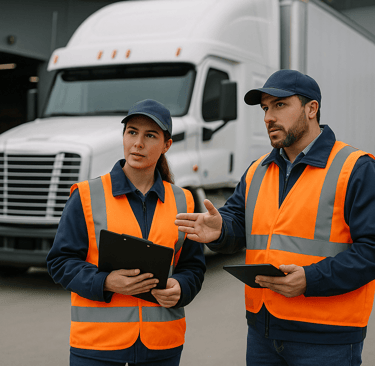 Logistics staff discussing operations in front of a large cargo truck