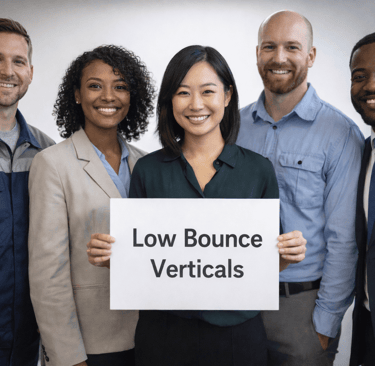 Professionals from low bounce industries holding a Low Bounce Verticals sign