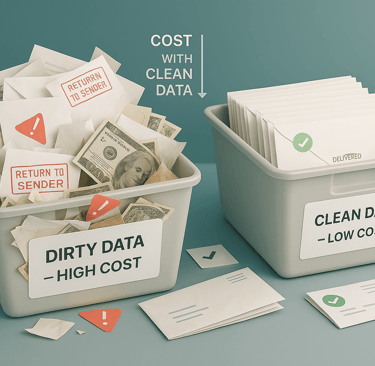 mailing bins showing dirty data vs clean data costs