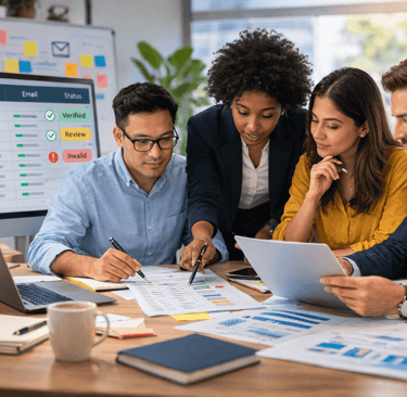 diverse team manually reviewing B2B lead data before outreach