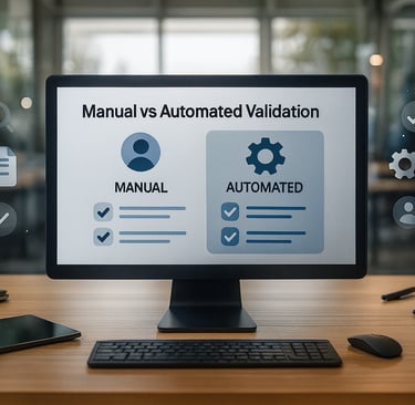 Real office monitor showing manual vs automated validation comparison