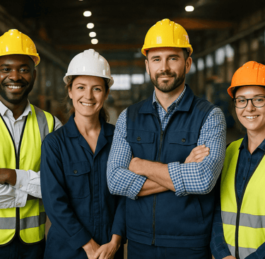 Manufacturing team posing together inside a modern factory.