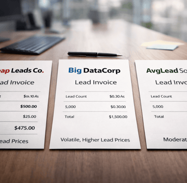 Three lead pricing invoices from different data sources on an office desk showing price differences
