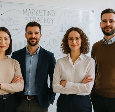 Marketing agency team in front of a whiteboard with strategy scribbles.